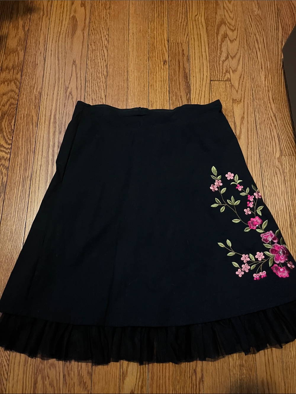 Black Skirt with Pink Floral Embroidery